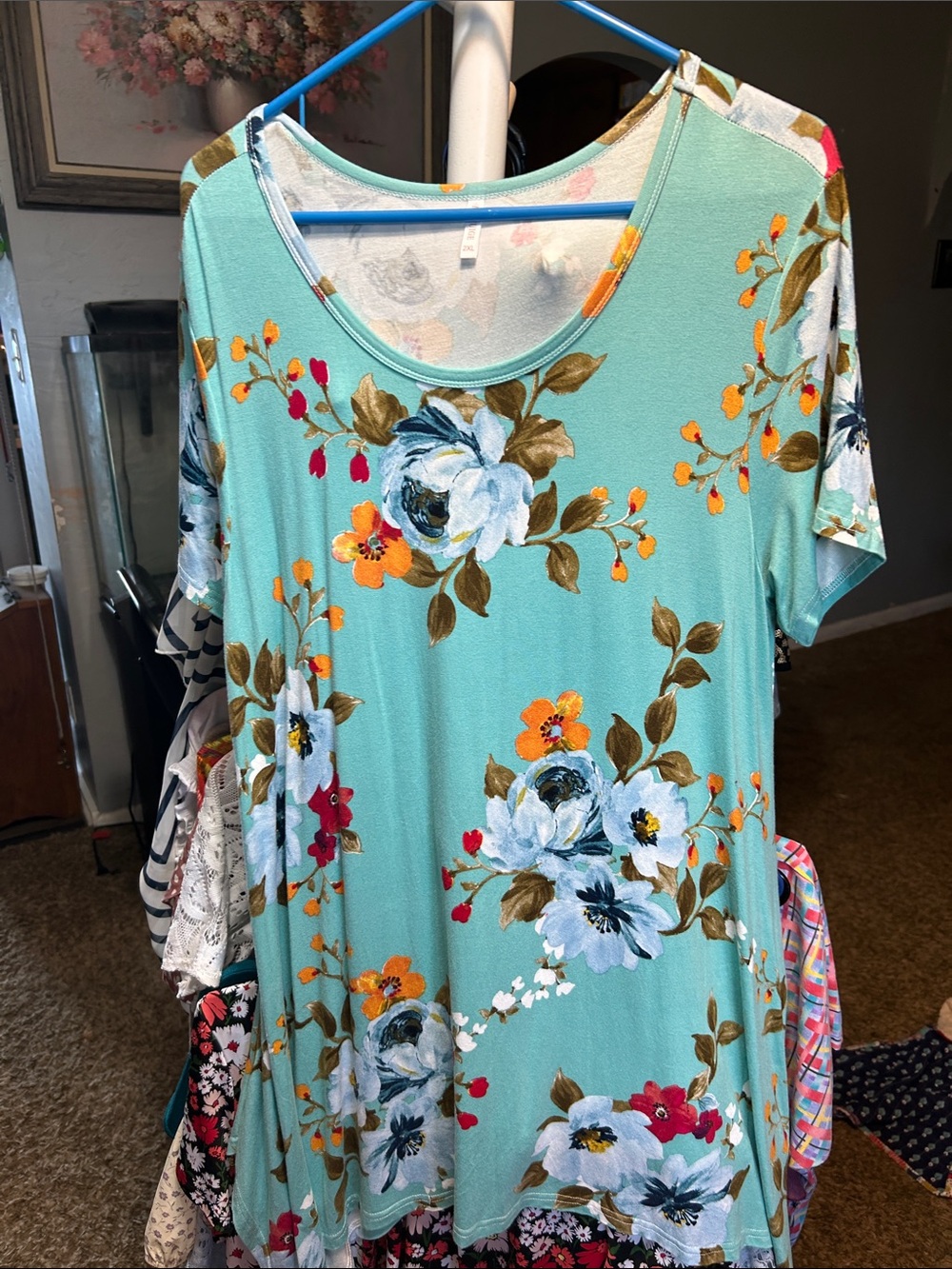 Bishuige Aqua Floral Scoop Neck Short Sleeve Tunic Size 2XL